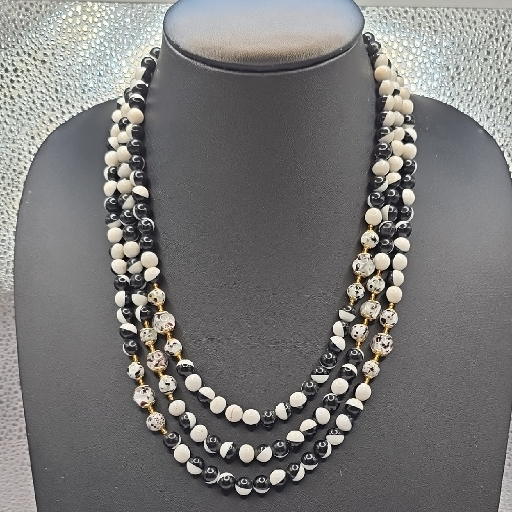 Hong Kong Black & White Glass Beaded Multi Strand Vintage Necklace